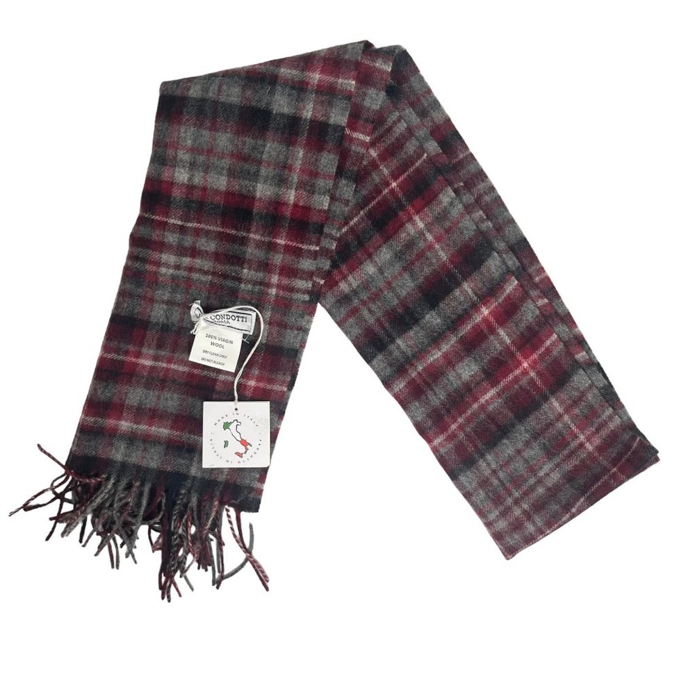 Via Condotti Burgundy and Gray Plaid Wool Scarf
